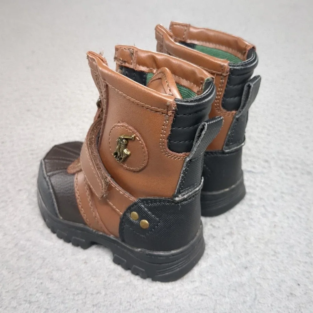 Polo Ralph Lauren Snow Boots Boys 5 Brown Duck Boot Zip Strap Winter Lined